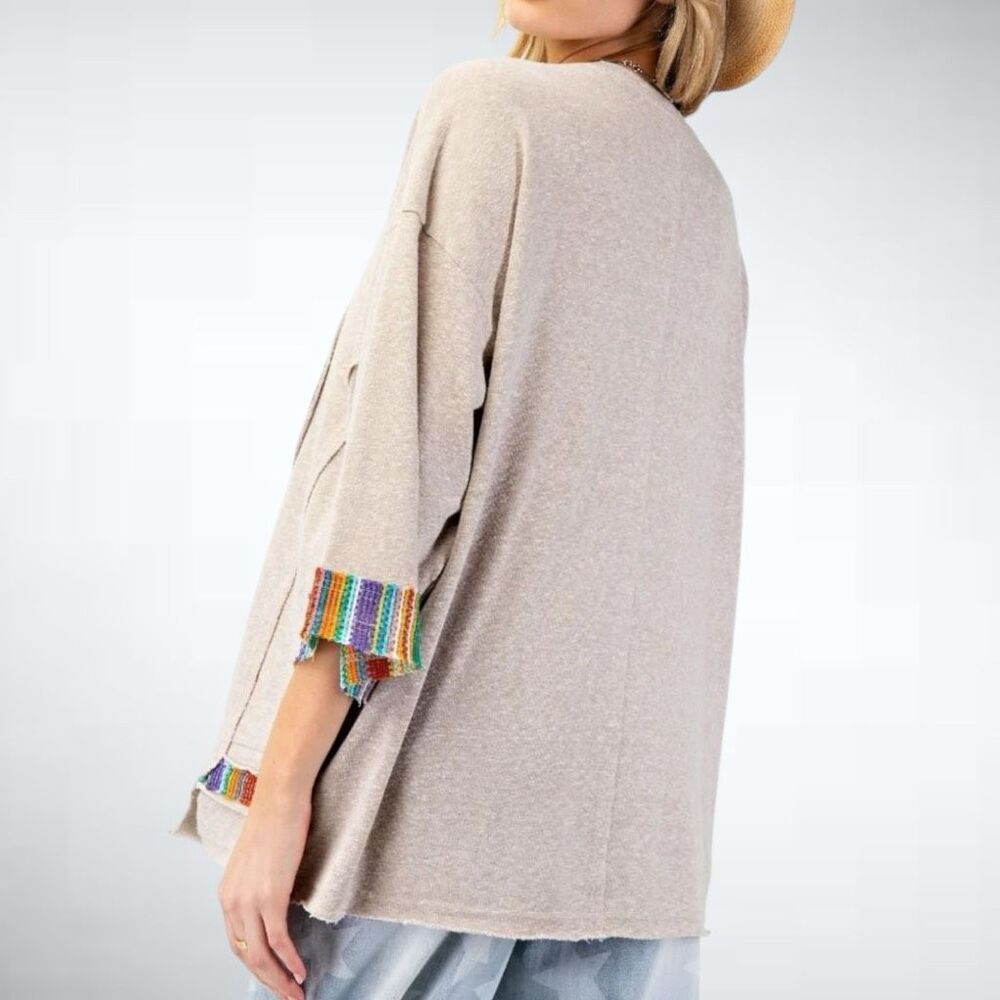 Size 1X Easel Los Angeles Peace Sign Patch Terry Soft Wash Tunic Top in Oatmeal - Picture 2 of 9